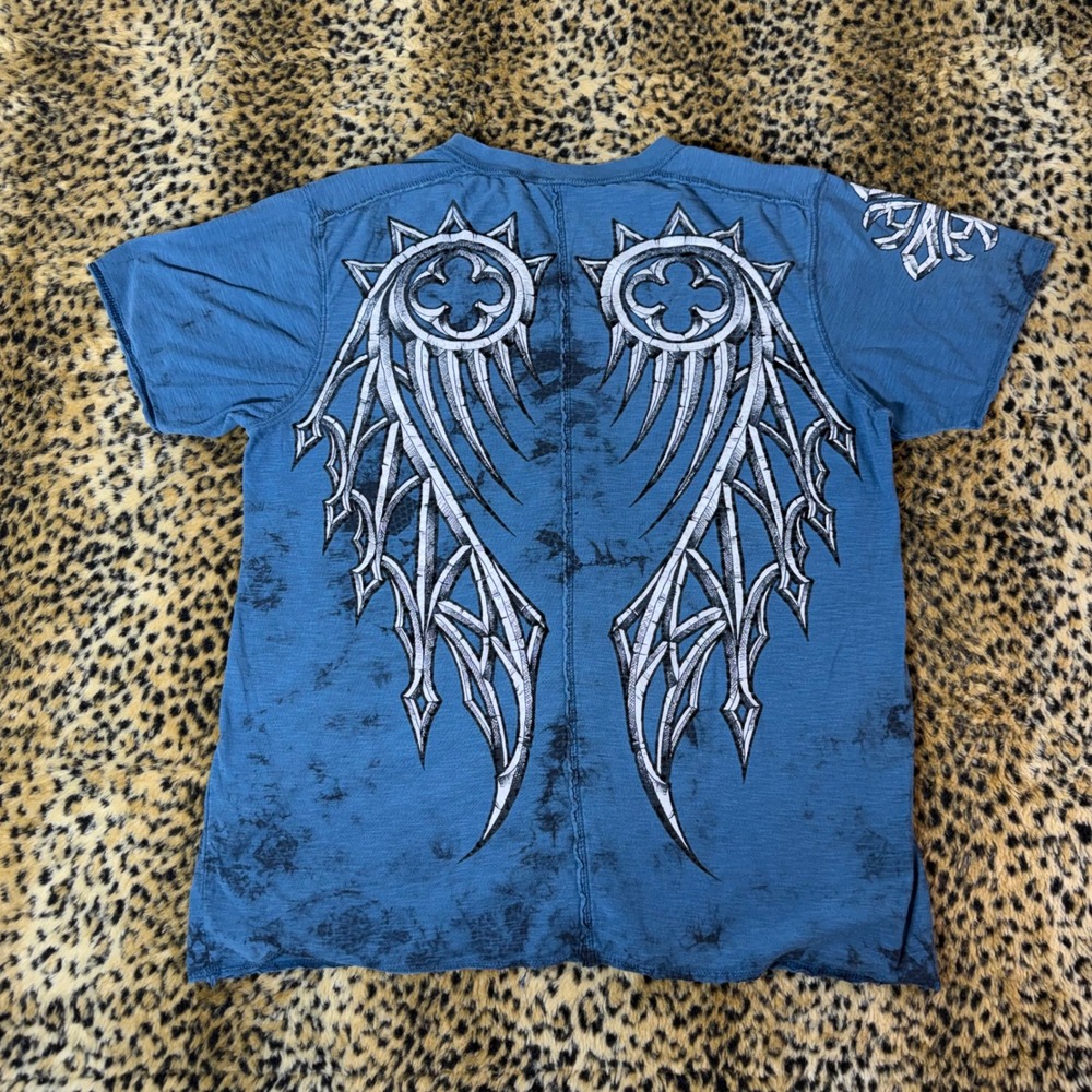 Early 2000s Affliction Blue Tee Cathedral Series Wing Graphic Size L Made in USA